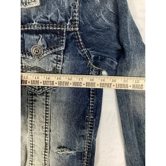 Rivet de Cru Classic Denim Jacket Long Sleeve Button Distressed Men's Small, NWT - Picture 3 of 11